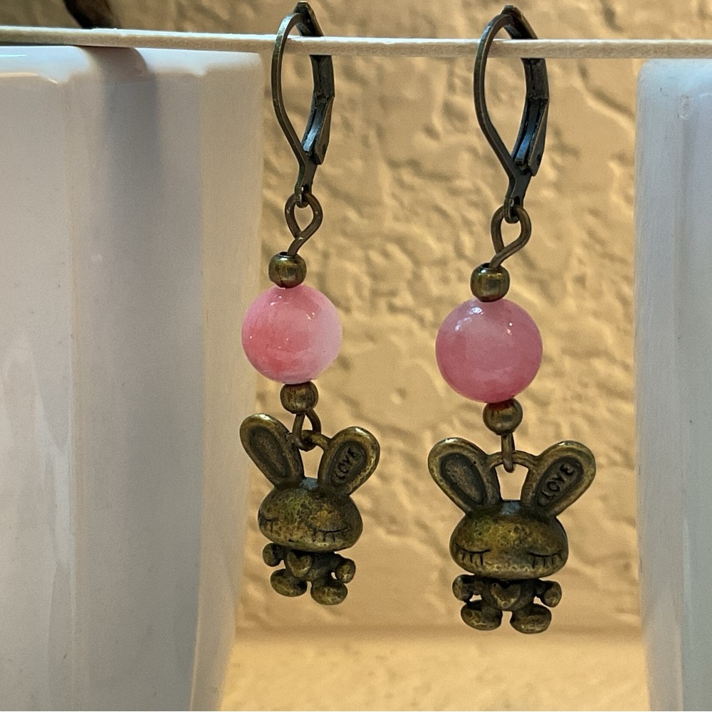 Genuine Pink Jade Love Bunny Earrings